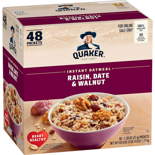 Quaker Instant Oatmeal, Raisin, Date and Walnut, Individual Packets, 1.30 Ounce (Pack of 48)