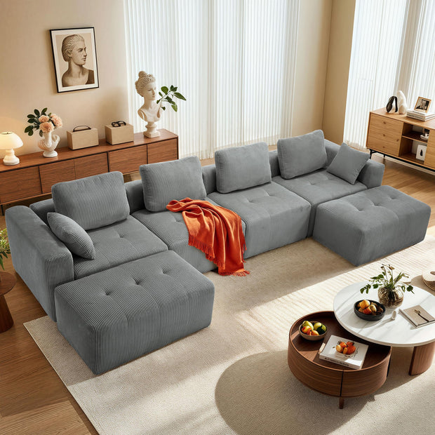 112" Modular Sectional Sofa L-Shaped Couch for Living Room, Comfy Cloud Sofa Modern 3-Seat Sofa with Ottoman, Corduroy Upholstered Boneless Couch with Deep Seat, 5 Pillows, Beige