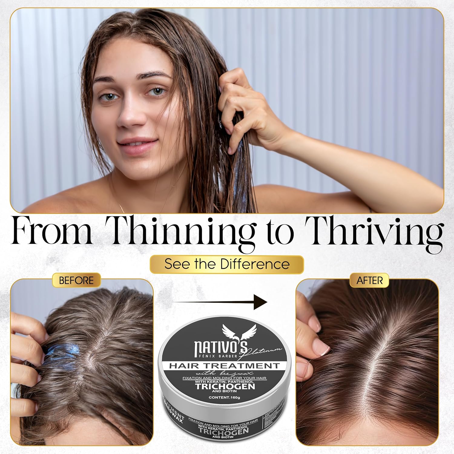 Nativo's Hair Styling Cream and Regrowth Treatment For Men and Women - Hair Thickening Mask with Bee Honey & Trichogen - Tames & Strengthens, Dry, Frizzy, Curly Hair, Paraben-Free (160g)