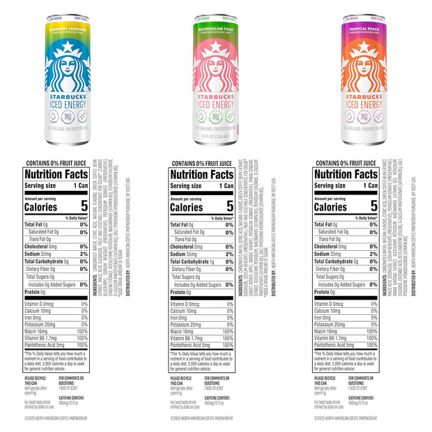 Starbucks Iced Energy Drink, 3 Flavor Variety Pack (Tropical Peach, Watermelon Splash, Blueberry Lemonade), Zero Sugar Energy Drink, Plant Based Caffeine, Hydration, Mental Clarity, 12 Fl Oz Cans (Pack of 12)