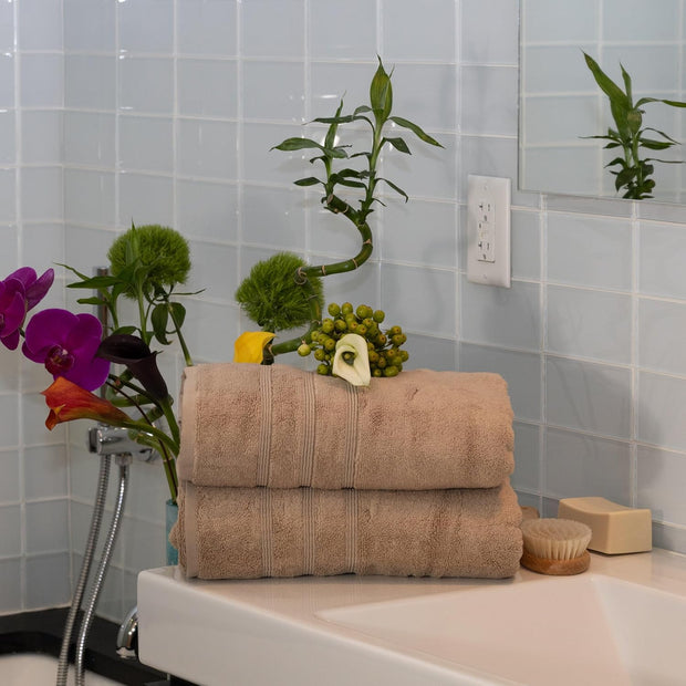 Mosobam Luxury Turkish Set of 2 Bath Towels 30X58 Light Taupe Oversize 700 GSM Bamboo Viscose & Aegean Turkish Combed Cotton