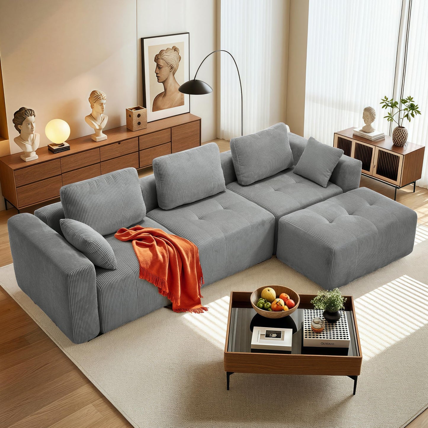 112" Modular Sectional Sofa L-Shaped Couch for Living Room, Comfy Cloud Sofa Modern 3-Seat Sofa with Ottoman, Corduroy Upholstered Boneless Couch with Deep Seat, 5 Pillows, Beige