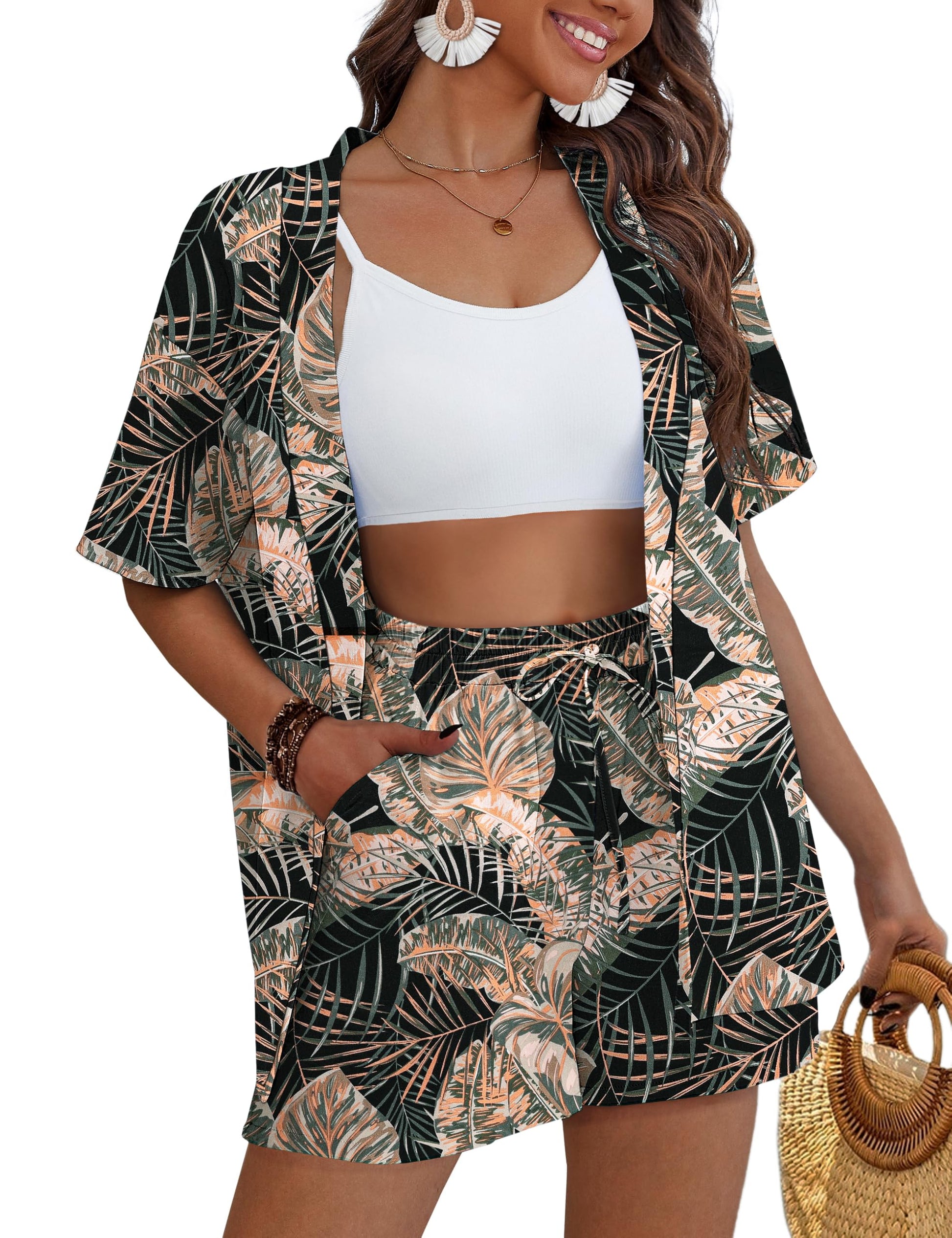 REDHOTYPE Women's 2 Piece Outfits Kimono Style Tropical Print Cover Ups Half Sleeve Blouse Shorts Set Summer Beachwear （S-XL）
