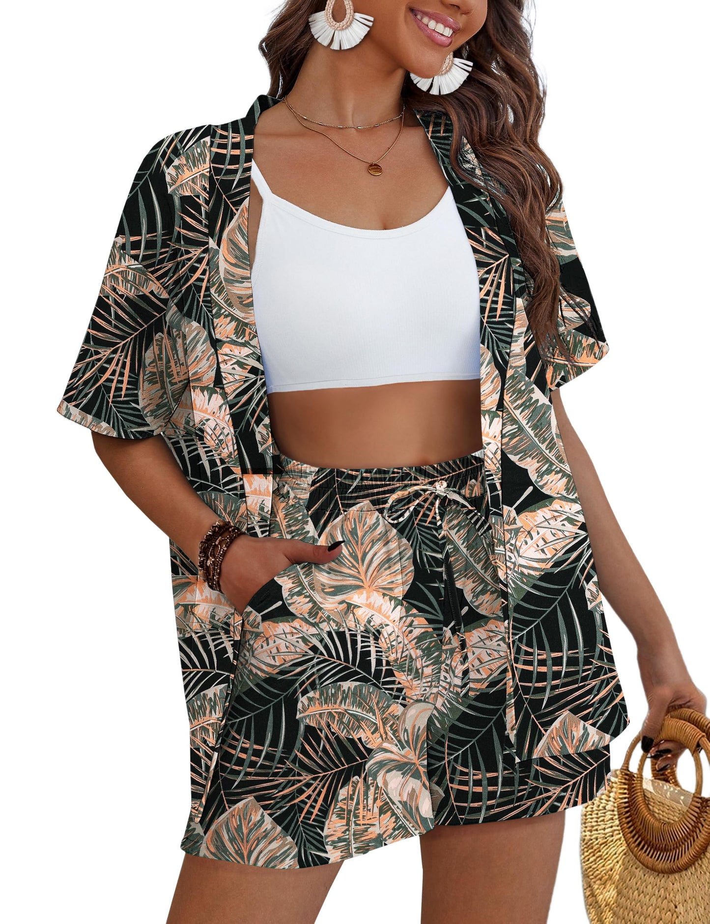 REDHOTYPE Women's 2 Piece Outfits Kimono Style Tropical Print Cover Ups Half Sleeve Blouse Shorts Set Summer Beachwear （S-XL）