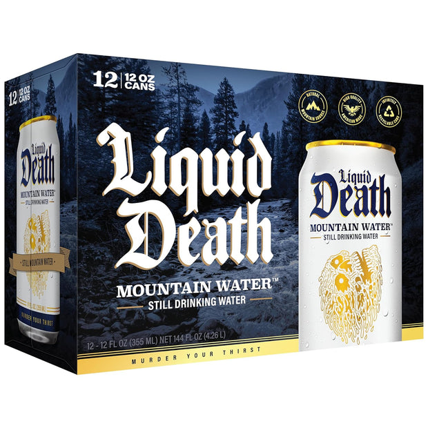 Liquid Death, Still Mountain Water, 12-Pack (12oz Cans), Real Mountain Source, Infinitely Recyclable Ice-Cold Cans, American Made