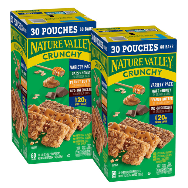 Nature Valley Crunchy Granola Bars Bulk Variety Pack, Oats 'n Honey, Peanut Butter & Oats 'n Dark Chocolate, 30 Two-Bar Wrapped Pouches (60 Bars Total), Whole Grain, No Artificial Flavors, 44.7 OZ