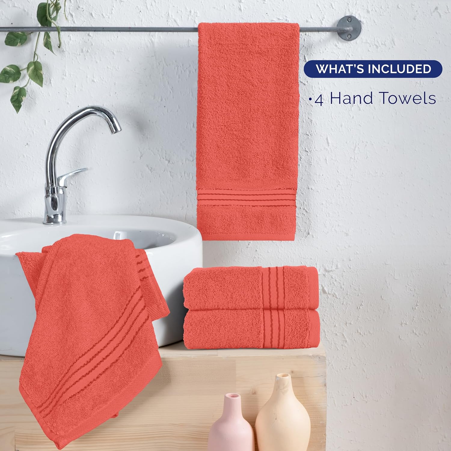 Elegant Comfort Premium Turkish Cotton 4 Pack Hand Towel Set - 16 x 28 inch, Luxurious Hotel Spa Quality 100% Turkish Cotton 4PC Hand Towel Set - Highly Absorbent - Soft Bathroom Towels, Coral