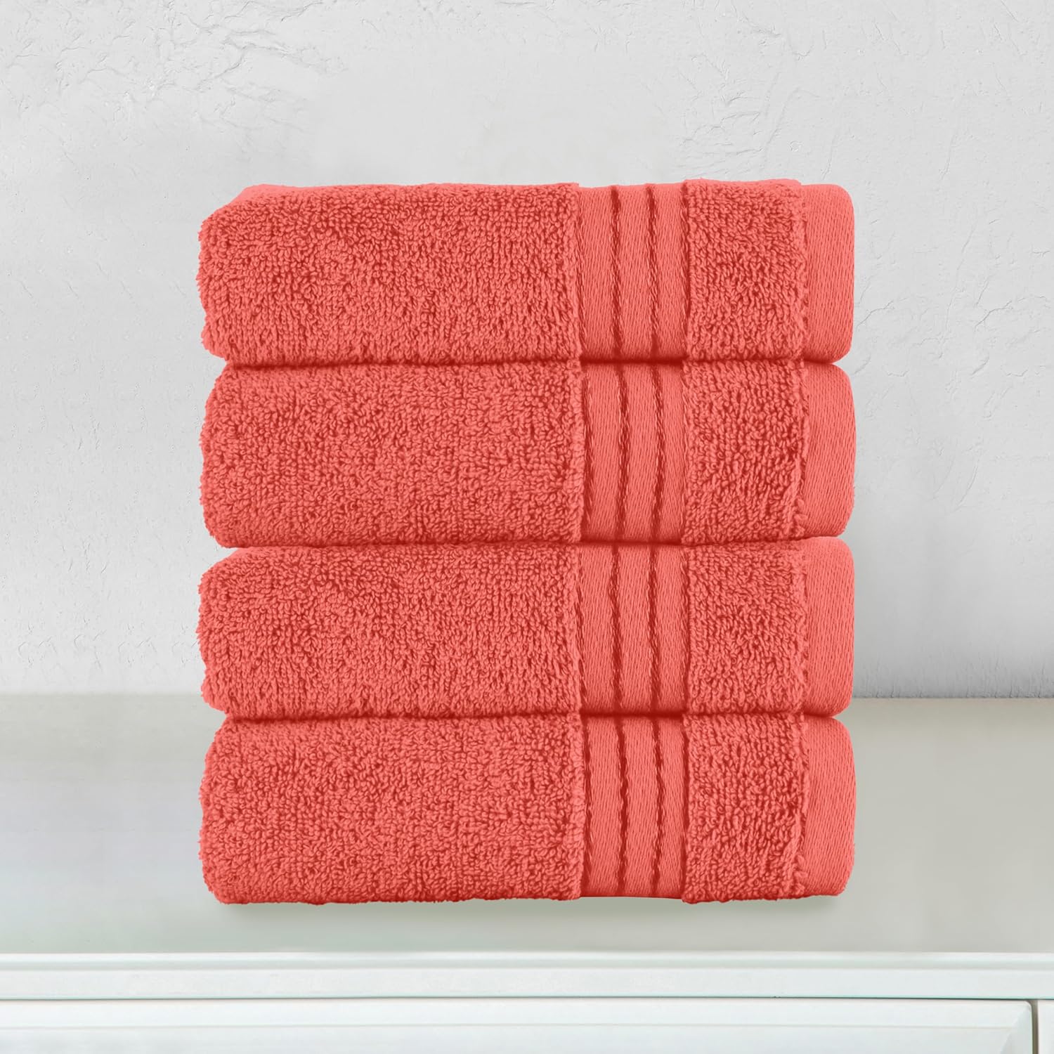 Elegant Comfort Premium Turkish Cotton 4 Pack Hand Towel Set - 16 x 28 inch, Luxurious Hotel Spa Quality 100% Turkish Cotton 4PC Hand Towel Set - Highly Absorbent - Soft Bathroom Towels, Coral