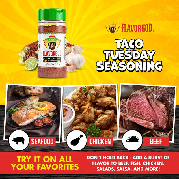 Taco Tuesday Seasoning Mix by Flavor God - Premium All Natural & Healthy Spice Blend for Grilling Chicken, Beef, Seafood, Vegetables, Salad, Ravioli, Pizza, & Pasta - Kosher, Gluten-Free, Dairy-Free, Vegan, Keto Friendly