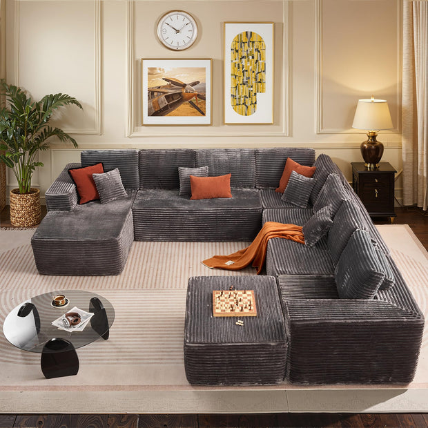 114" Boneless Couches for Living Room, Brown Faux Leather Cloud Sectional Couches with Chaise, Deep Seat L Shaped Modular Sofa, No Assembly Required Sofas in a Box (Right,Faux Leather,Brown)