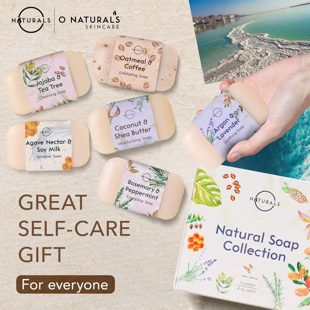 O NATURALS 100% Natural Bar Soap - Gift Set for Women - Organic Ingredients & Essential Oils - Spa Gifts for Women & Men, Body Wash Soap Bar - 6PC Natural Collection