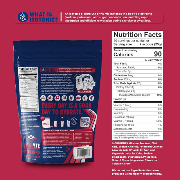 Vitalyte Electrolyte Powder Drink Mix, Isotonic Electrolyte Hydration Mix, Gluten Free Post Workout Powder Mix, Pack of 1, 35 oz., Cranberry Frost Flavor