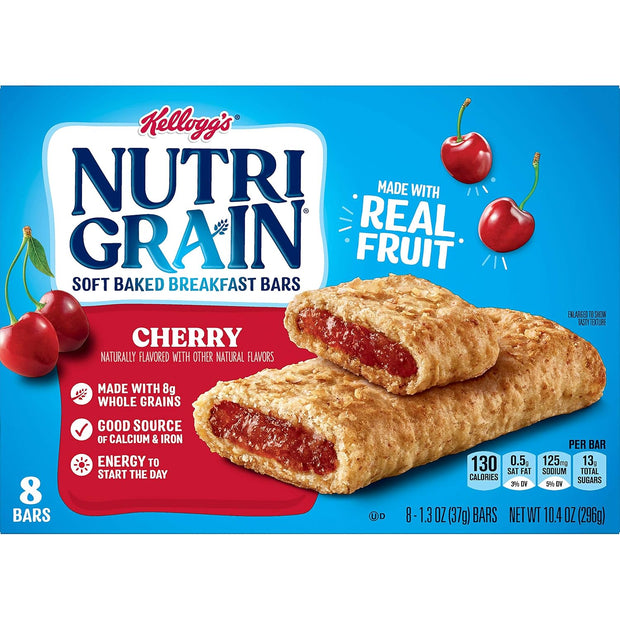 Kellogg's Nutri-Grain, Soft Baked Breakfast Bars, Cherry, Made with Whole Grain, 10.4 oz (8 Count)