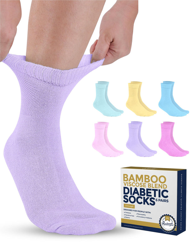 Pembrook Bamboo Viscose Diabetic Socks for Women & Men - 6 Pairs Ankle Socks for Swollen Feet | Neuropathy Socks | Edema Neuropathy Socks for Women | Diabetic Socks Women 9-12