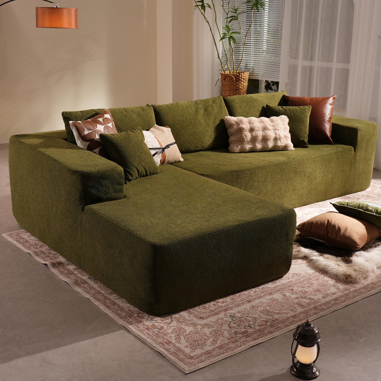 114" Boneless Couches for Living Room, Brown Faux Leather Cloud Sectional Couches with Chaise, Deep Seat L Shaped Modular Sofa, No Assembly Required Sofas in a Box (Right,Faux Leather,Brown)