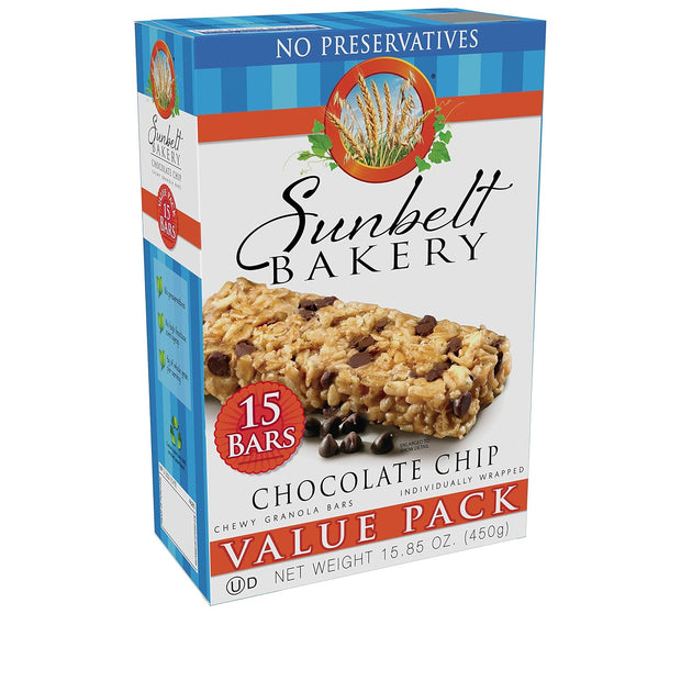 Sunbelt Bakery Chewy Chocolate Chip Granola Bars, 1.1 oz Bars, 15 Count (Pack of 2)