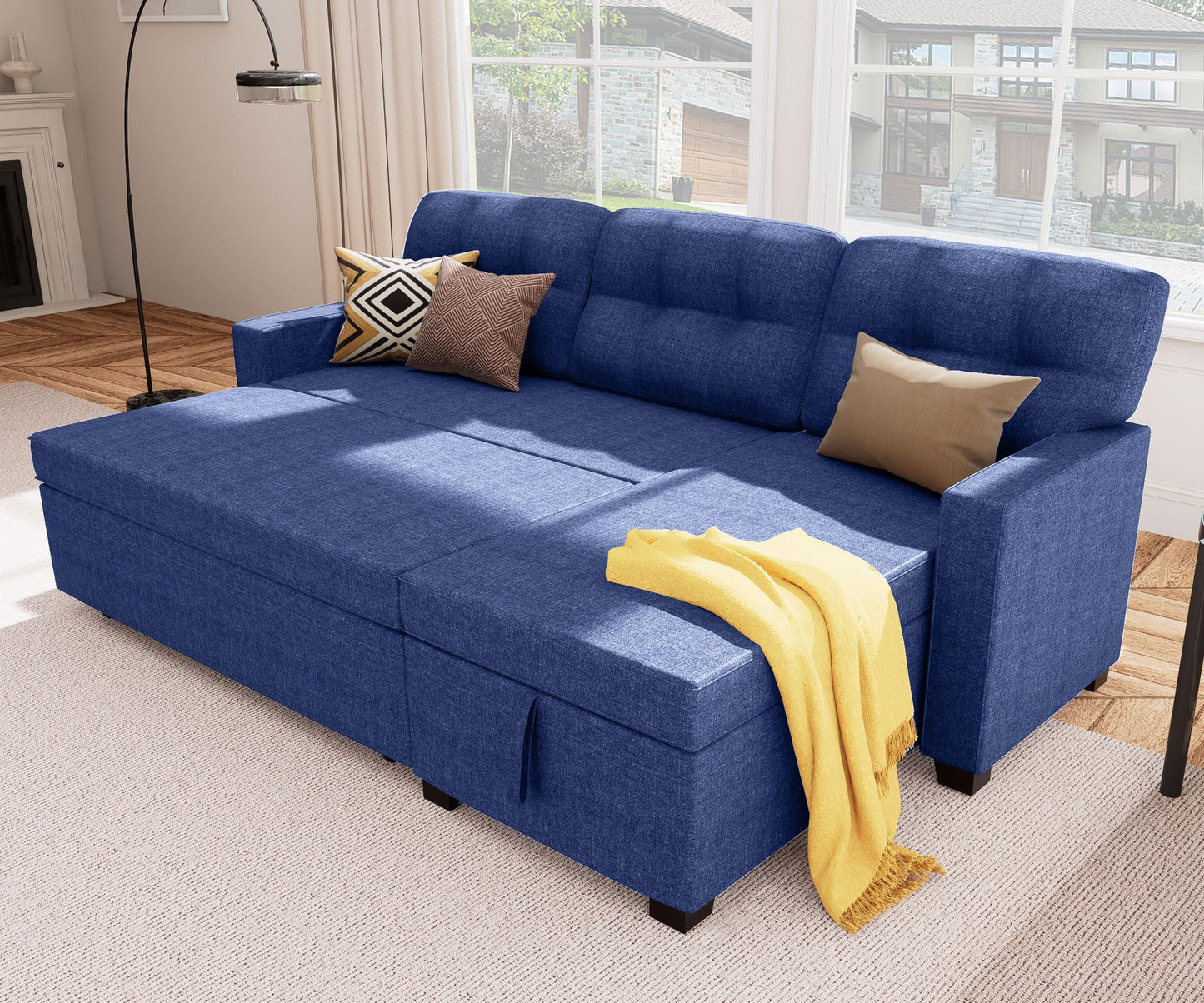 Reversible Sectional Sofa Couch, Sleeper Sofa Bed with Storage Chaise Pull Out Couch for Living Room | Hidden Stroge | Pull Out Bed | Removable Backrest | Linen Fabric, Beige