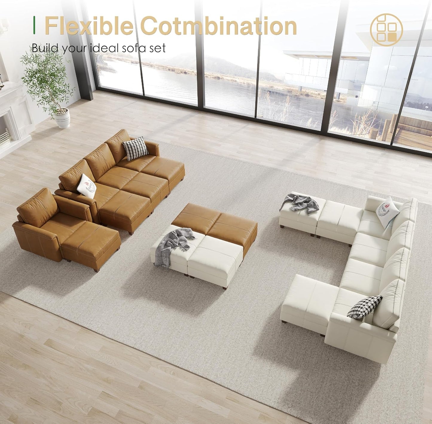 Faux Leather Modular Sectional Couches for Living Room, Modular Convertible U-Shaped Sectioanl Sofa with Storage & Ottoman, Brown
