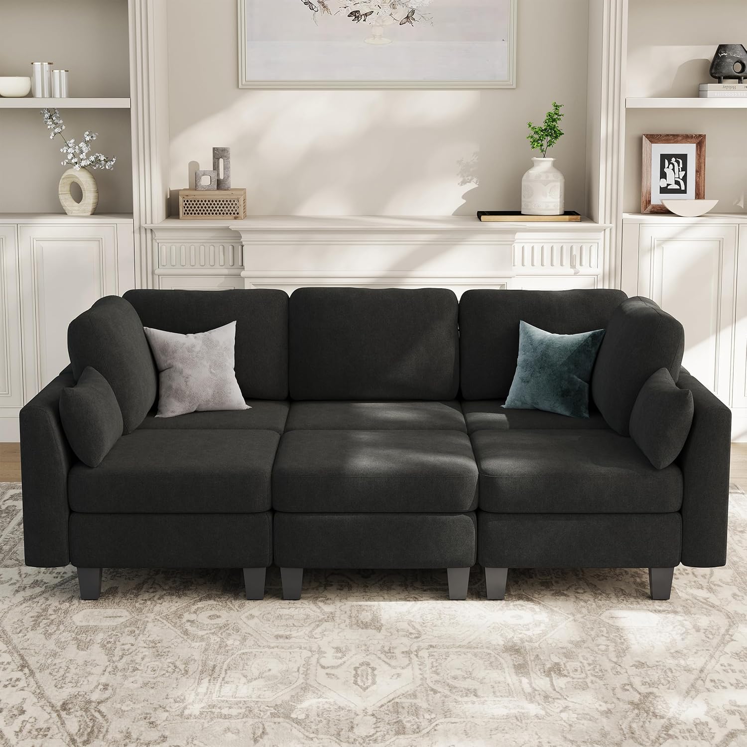 Sectional Sleeper Sofa, 6 Seaters Dark Grey Modular Sleeper Sofa Couch, Comfy Sectionals Couches Bed, Convertible Sofas with Ottomans, Modular Sectional Couches for Living Room