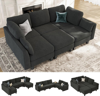 Sectional Sleeper Sofa, 6 Seaters Dark Grey Modular Sleeper Sofa Couch, Comfy Sectionals Couches Bed, Convertible Sofas with Ottomans, Modular Sectional Couches for Living Room