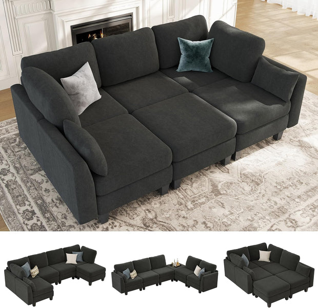 Sectional Sleeper Sofa, 6 Seaters Dark Grey Modular Sleeper Sofa Couch, Comfy Sectionals Couches Bed, Convertible Sofas with Ottomans, Modular Sectional Couches for Living Room