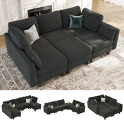 Sectional Sleeper Sofa, 6 Seaters Dark Grey Modular Sleeper Sofa Couch, Comfy Sectionals Couches Bed, Convertible Sofas with Ottomans, Modular Sectional Couches for Living Room
