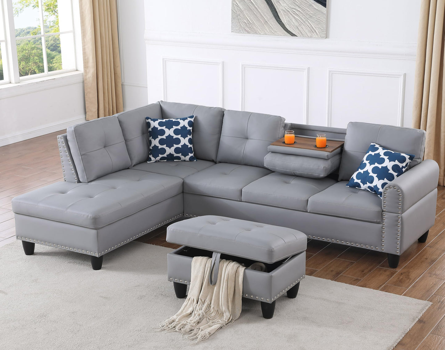 Sectional Sofa Couch, Modern 4-Seaters Living Room Furniture Sets with Chaise Lounge, Ottoman & 2 Pillows | L Shape Couch | Cup Holder | Faux PU Leather, Black