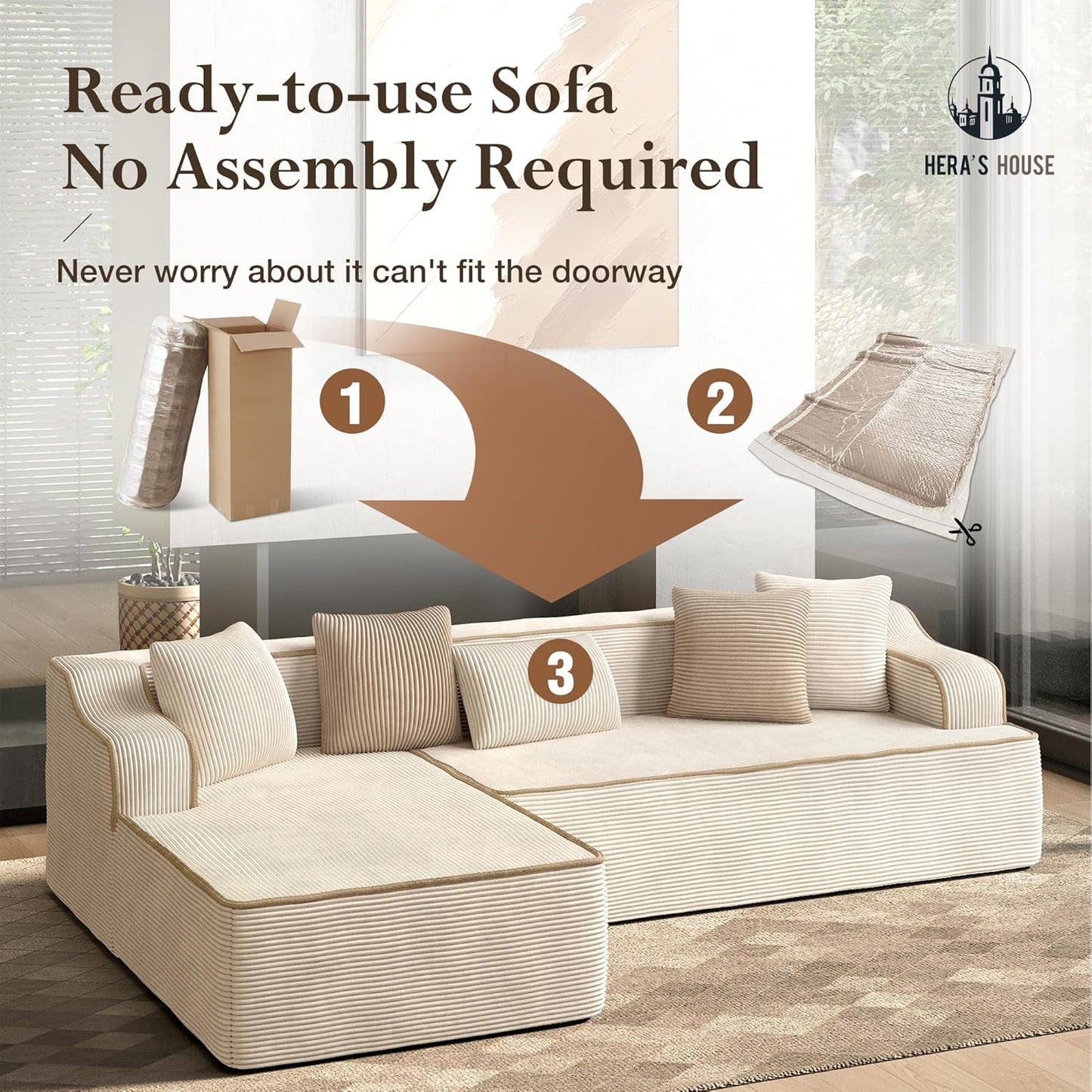 HERA'S HOUSE 104" Sofa with Chaise, L-Shaped Modern Modular Cloud Couch, Corduroy Fabric Plush Deep Seating with 5 Pillows, No Assembly Required Upholstered Living Room Furniture for Apartments