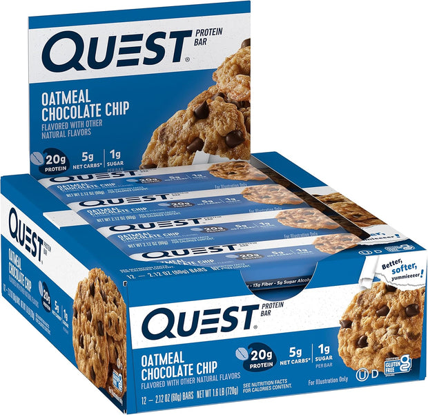 Quest Nutrition Oatmeal Chocolate Chip Protein Bars, 20g Protein, 1g Sugar, 5g Net Carb, Gluten Free, Keto Friendly, 12 Count