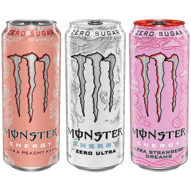 Monster Energy Ultra 3 Flavor Variety Pack, Zero Ultra, Ultra Peachy Keen, Ultra Strawberry Dreams, Sugar Free Energy Drink, 16 Ounce (Pack of 12)