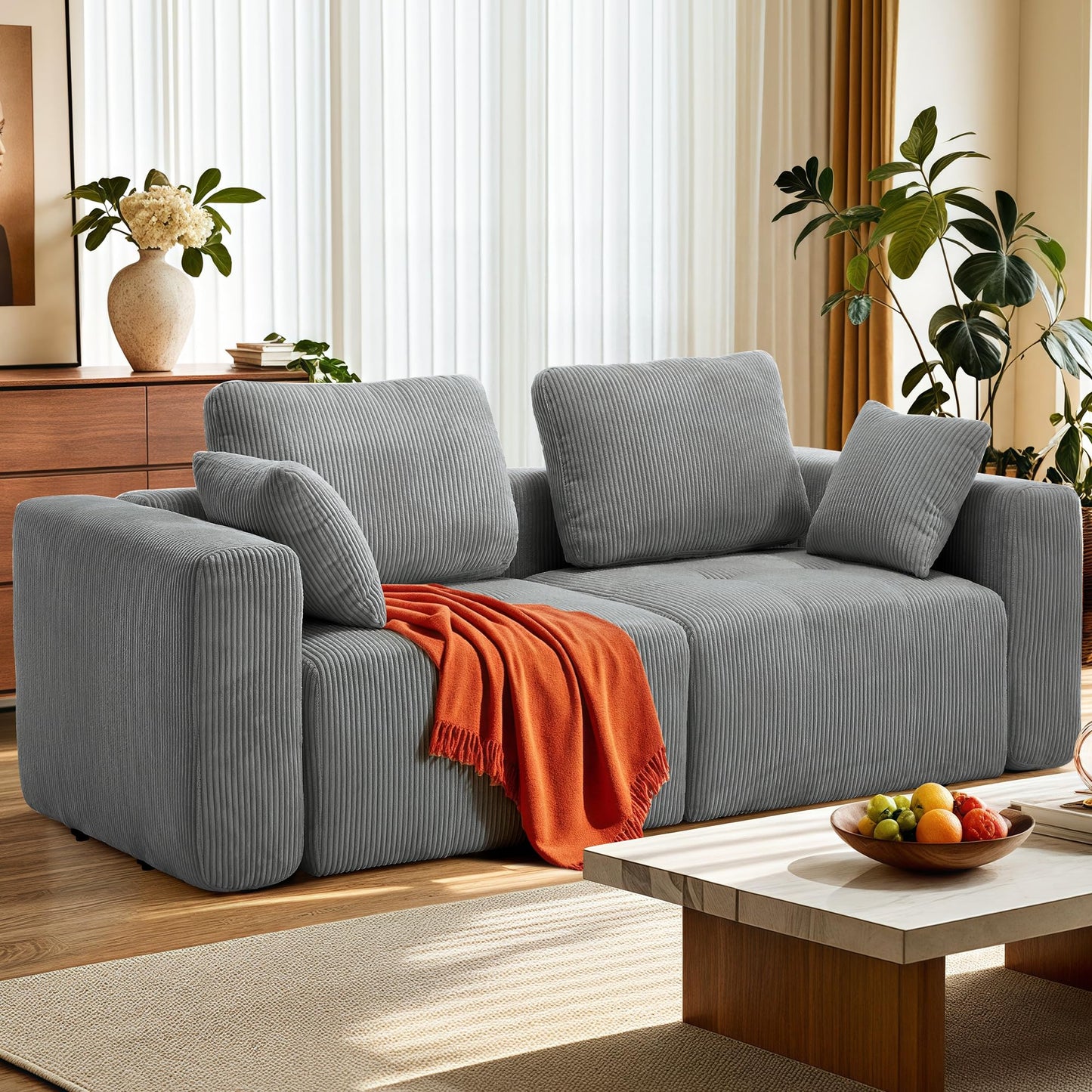 112" Modular Sectional Sofa L-Shaped Couch for Living Room, Comfy Cloud Sofa Modern 3-Seat Sofa with Ottoman, Corduroy Upholstered Boneless Couch with Deep Seat, 5 Pillows, Beige
