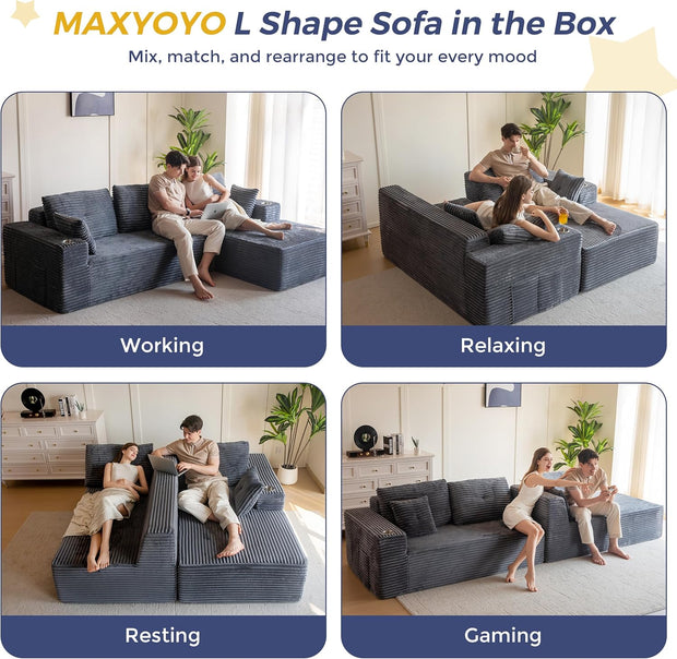 MAXYOYO 110" Modular Sectional Couch with L-Shape Chaise, Modern Boneless Couch for Living Room, Sofa in A Box, Oversized Sofa Sleeper with Deep Seat, No Assembly Required, Dark Grey