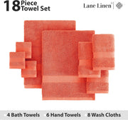 Lane Linen 100% Cotton Luxury Bath Towel Set - 18 Pieces - Ring Spun, Ultra Soft, Quick Dry & Extra Absorbent - 4 Bath, 8 Washcloths, 6 Bathroom Hand Towels - Machine Wash in Cold Water - Living Coral