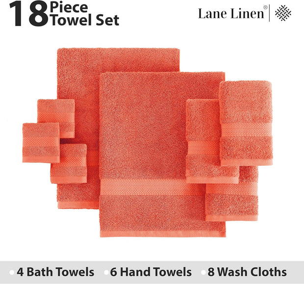 Lane Linen 100% Cotton Luxury Bath Towel Set - 18 Pieces - Ring Spun, Ultra Soft, Quick Dry & Extra Absorbent - 4 Bath, 8 Washcloths, 6 Bathroom Hand Towels - Machine Wash in Cold Water - Living Coral