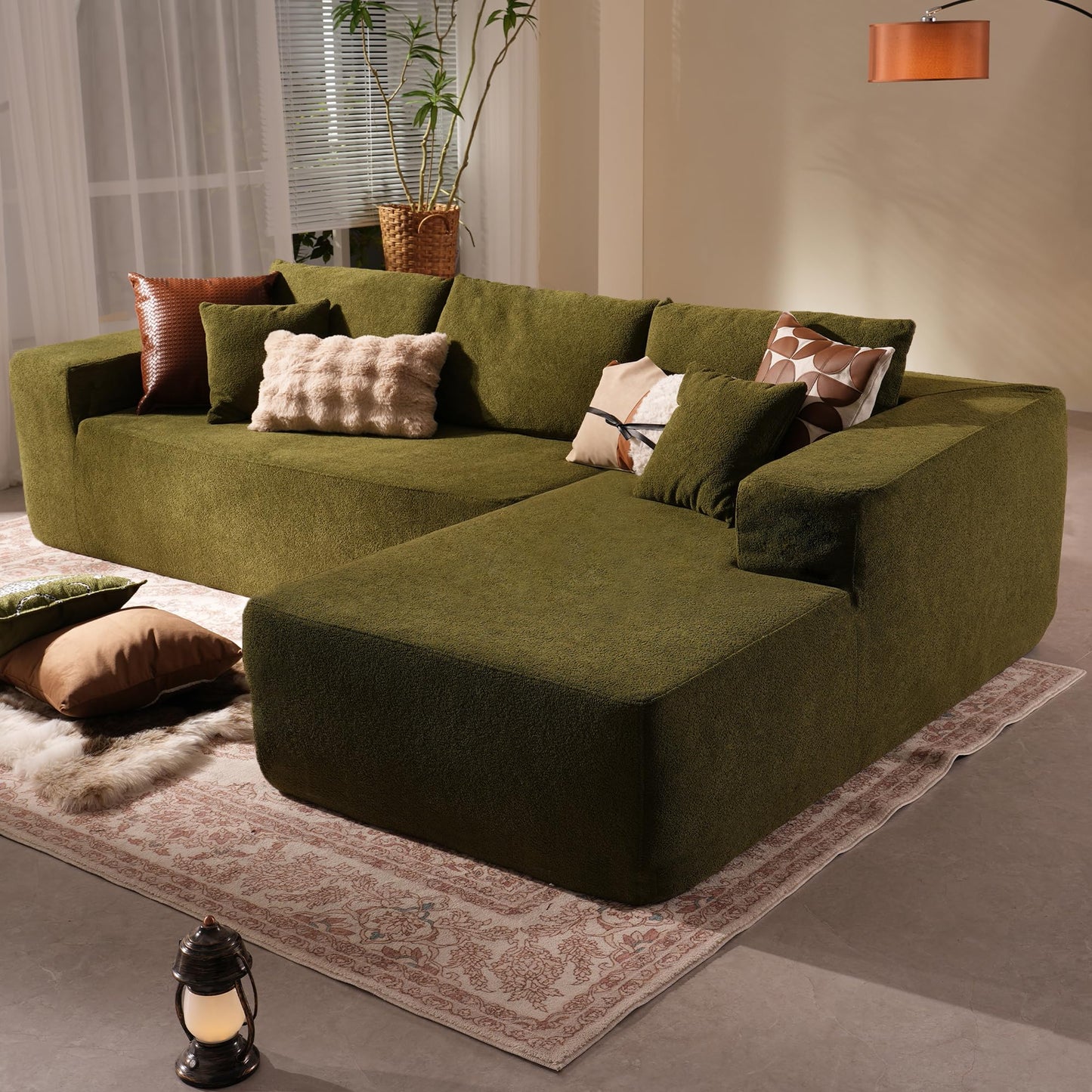 114" Boneless Couches for Living Room, Brown Faux Leather Cloud Sectional Couches with Chaise, Deep Seat L Shaped Modular Sofa, No Assembly Required Sofas in a Box (Right,Faux Leather,Brown)