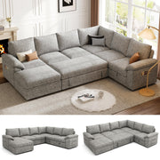 108 Inch Sectional Sleeper Sofa with Pull Out Bed, U Shaped 7 Seat Modular Sectional Sofa with Storage, Sectional Couches for Living Room, Cloud Modular Couch, Removable Sofa Cover, Dark Grey