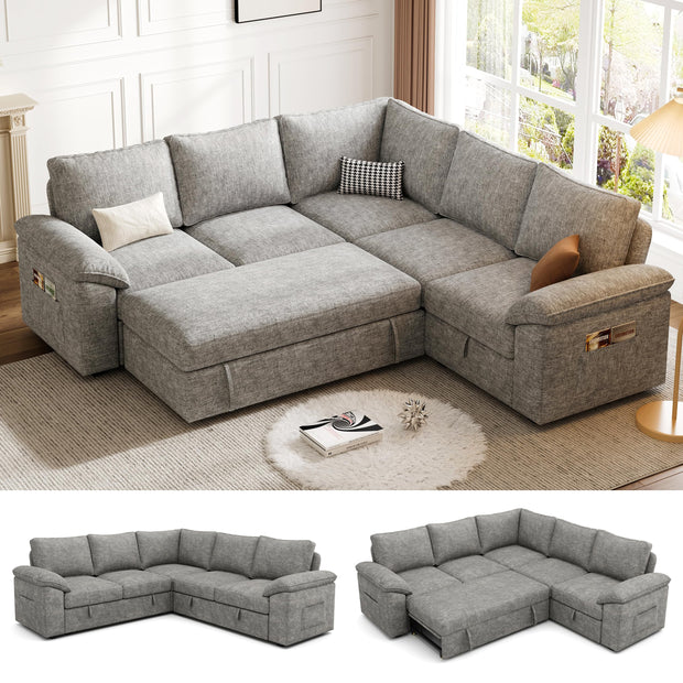 108 Inch Sectional Sleeper Sofa with Pull Out Bed, U Shaped 7 Seat Modular Sectional Sofa with Storage, Sectional Couches for Living Room, Cloud Modular Couch, Removable Sofa Cover, Dark Grey