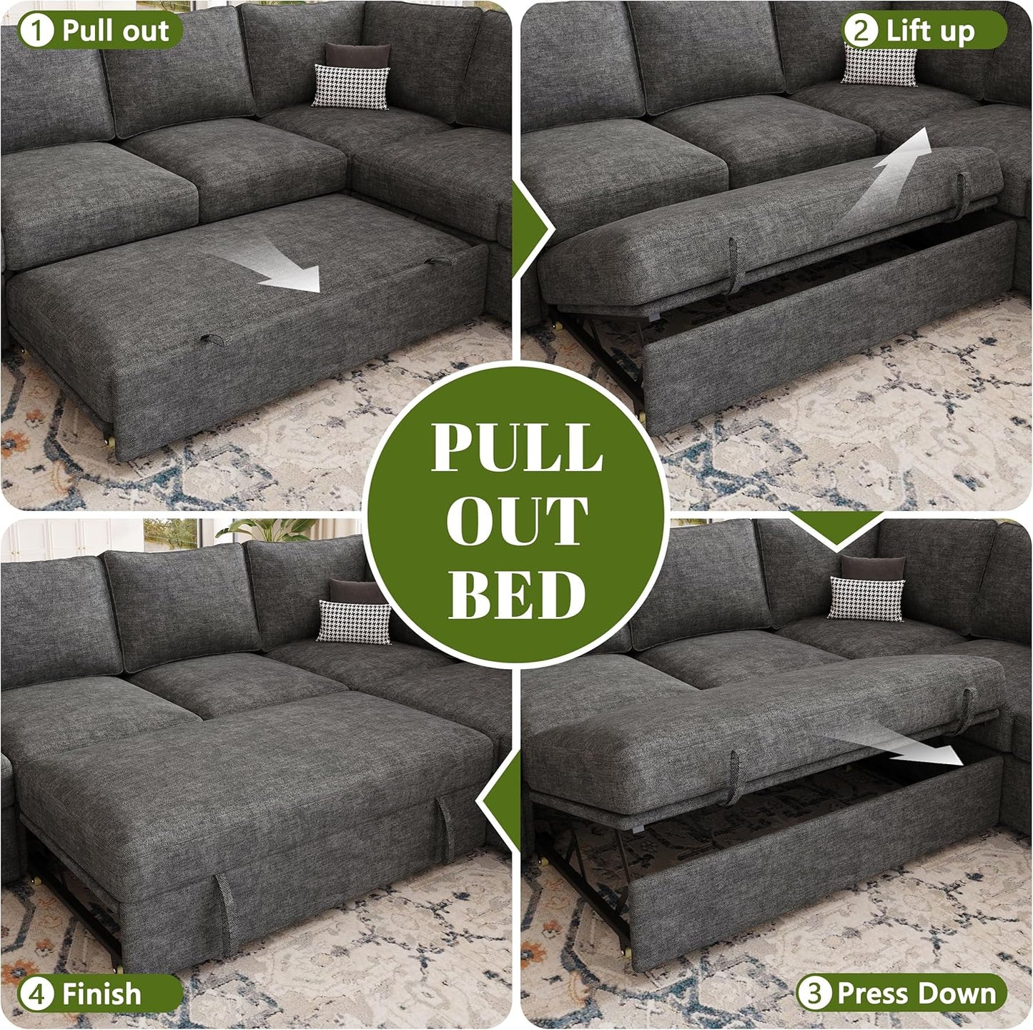 108 Inch Sectional Sleeper Sofa with Pull Out Bed, U Shaped 7 Seat Modular Sectional Sofa with Storage, Sectional Couches for Living Room, Cloud Modular Couch, Removable Sofa Cover, Dark Grey
