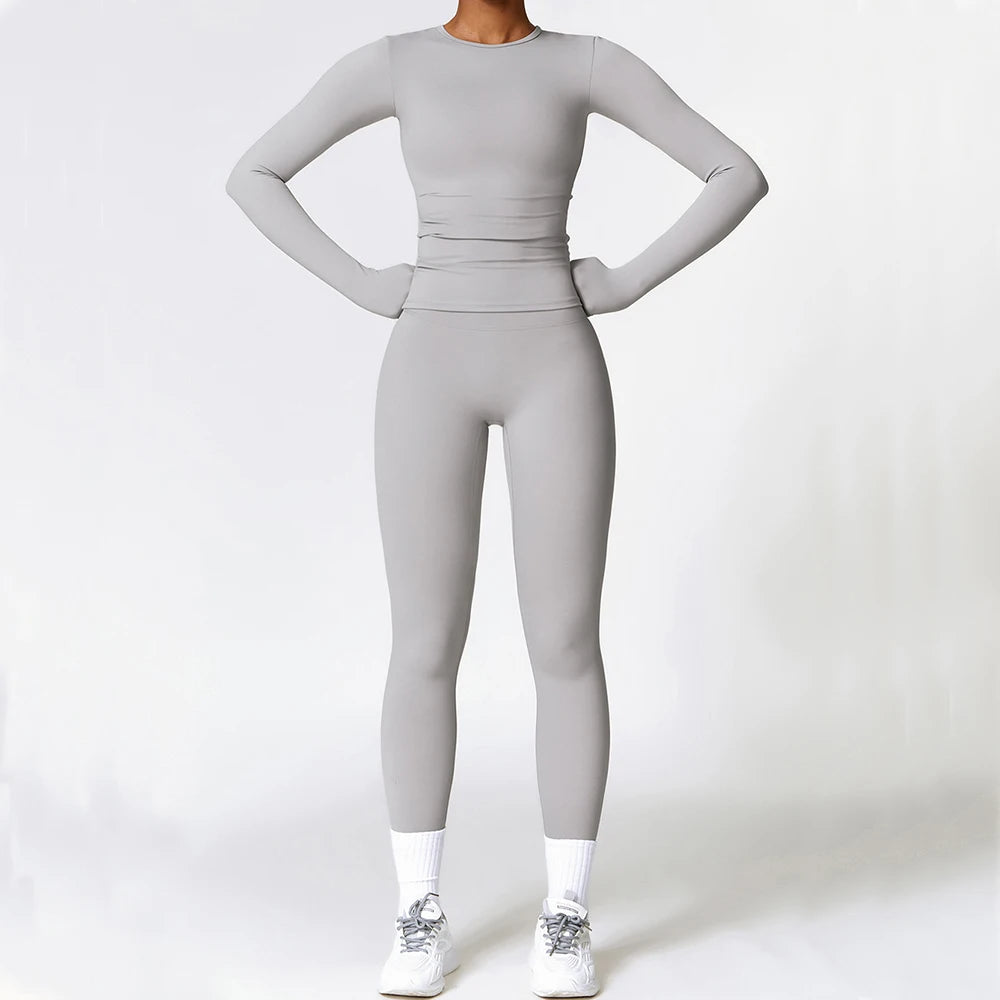 2PCS Yoga Set Women Gym Clothing Fitness Workout Set Sportswear Female Long Sleeve Crop Top High Waist Leggings Sports Suits