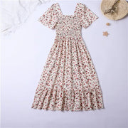 Spring Summer Chiffon Dress Women Midi DressesFemale Short Sleeve Elastic Waist Printed Floral Pleated Backless Casual Dress