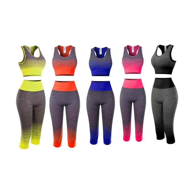Women's Super Elastic Seamless Gradual Change of Color Sports Bra Cropped Pants Fitness Suit Yoga Suit Set