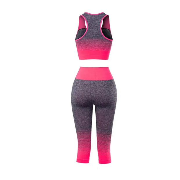 Women's Super Elastic Seamless Gradual Change of Color Sports Bra Cropped Pants Fitness Suit Yoga Suit Set