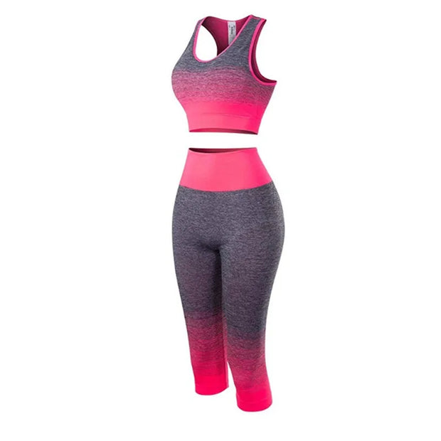 Women's Super Elastic Seamless Gradual Change of Color Sports Bra Cropped Pants Fitness Suit Yoga Suit Set