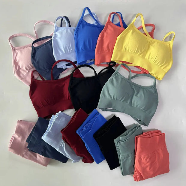 No Logo Seamless Yoga Set 2 Pieces Women Workout Set Scrunch Leggings Backless Sports Bra Fitness Top Gym Pants Clothes