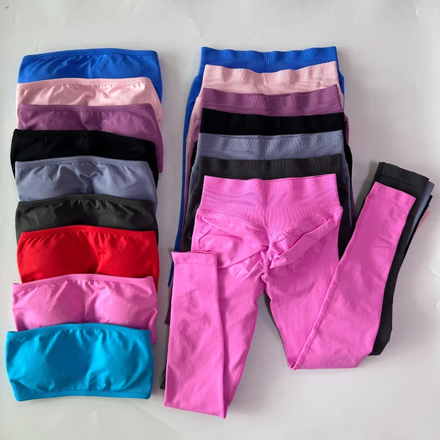 No Logo 2 Pieces Sports Set Woman Backless Bandeau Sports Bra Scrunch Leggings Yoga Clothing Workout Clothes Outfits Gym Set