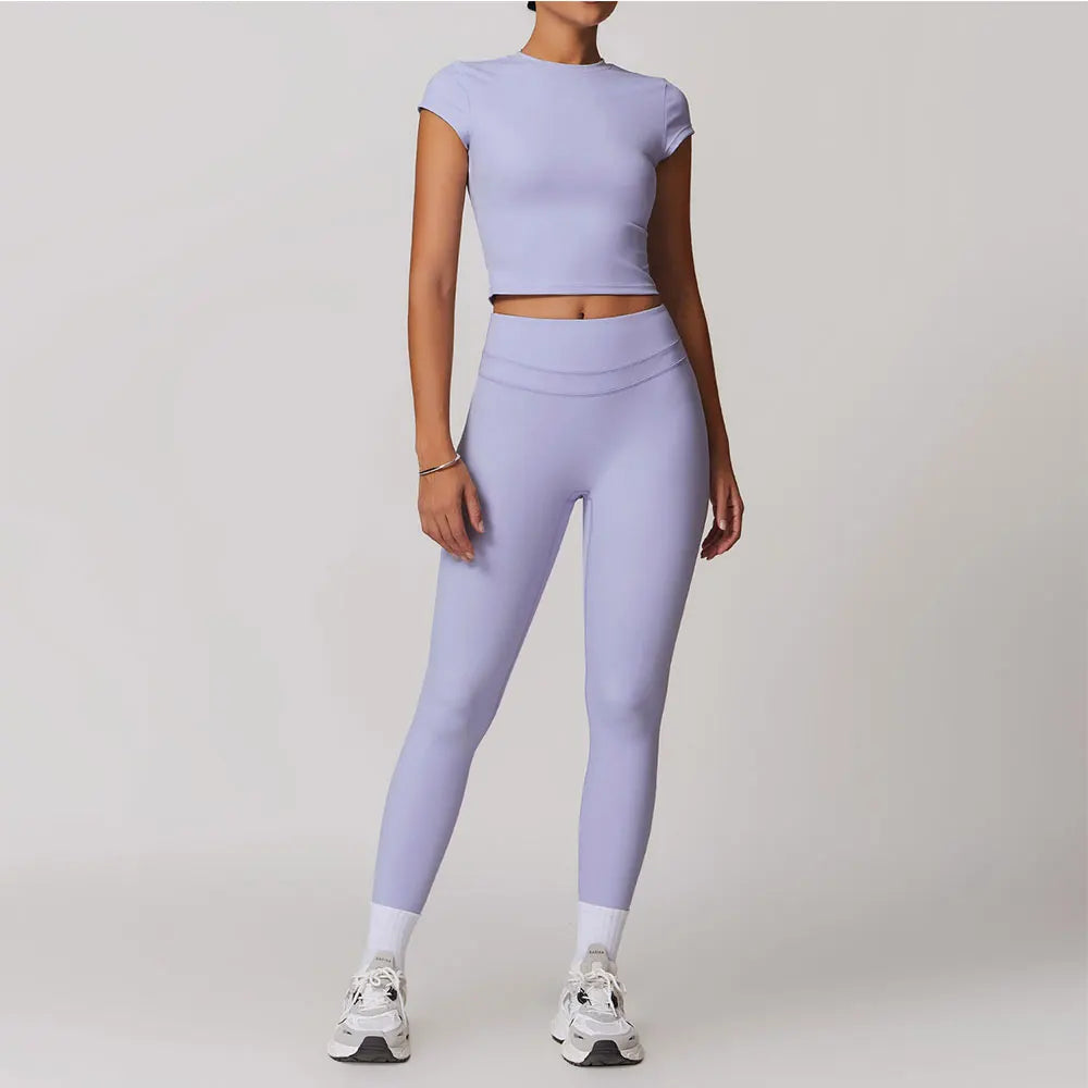 mikeyoga 2PCS Yoga Set Women Sportswear Workout Clothes Athletic Wear Gym Legging Fitness Bra Crop Top Short Sleeves Sports Suit