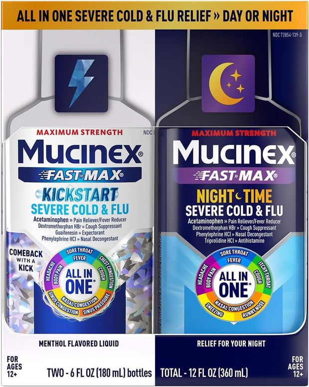 Mucinex Maximum Strength Fast-Max Cold & Flu and Nightshift, All-in-One Multi Symptom Relief Liquid, 6 Fl Oz - 2 Count (Pack of 1)