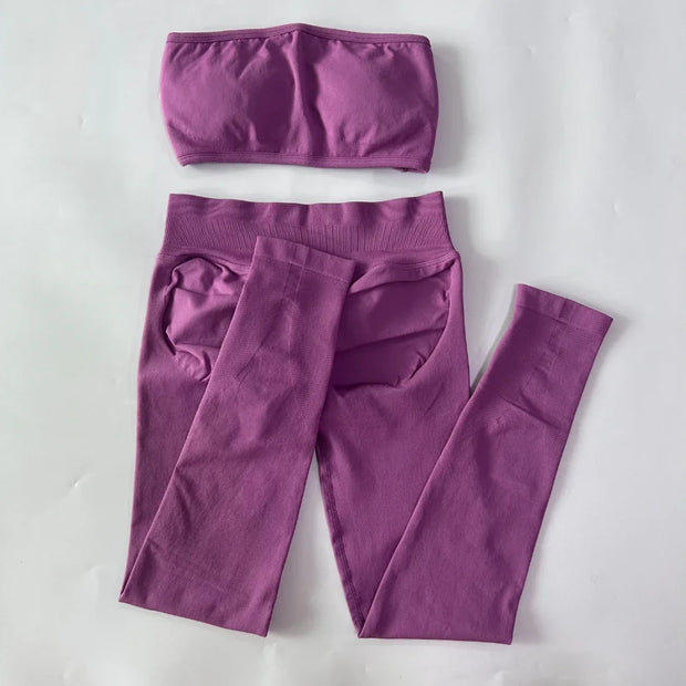 No Logo 2 Pieces Sports Set Woman Backless Bandeau Sports Bra Scrunch Leggings Yoga Clothing Workout Clothes Outfits Gym Set