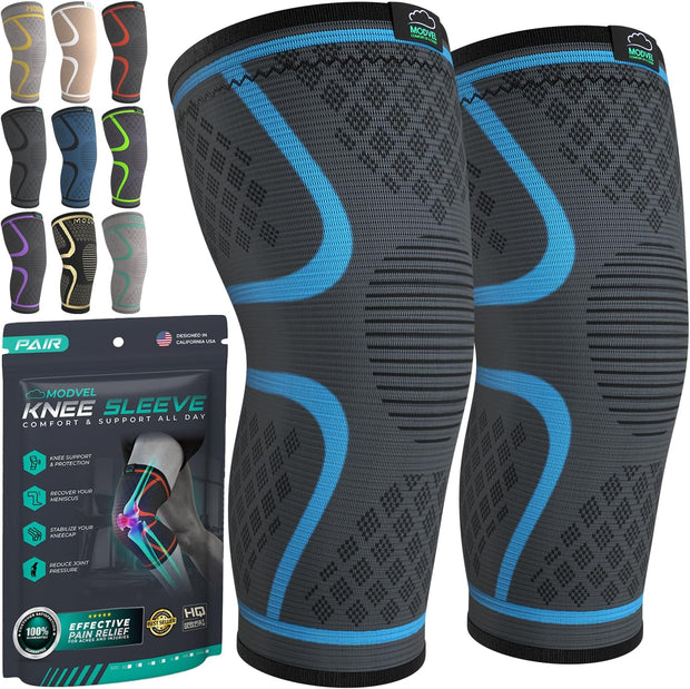 Modvel Compression Knee Brace for Women & Men, 2-Pack Knee Brace for Running Knee Pain, Knee Support Compression Sleeve, Workout Sports Knee Braces for Meniscus Tear, ACL & Arthritis Pain Relief