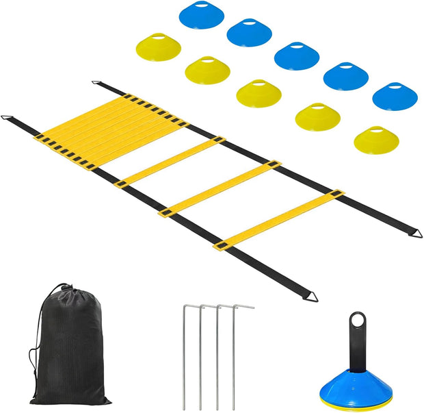 Speed Agility Training Equipment Set - 20ft Agility Ladder, 10 Disc Cones, Resistance Parachute, 5 Resistance Bands & Carry Bag | Football Soccer Basketball Fitness Drills for Kids Adults